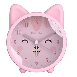 Aisi Children Cute Animal Dog/Cat Alarm Clock Silent Non-Ticking Quartz Desk Bedside Alarm Clock for Kids Pink