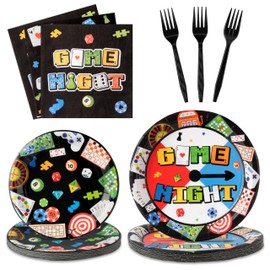 G1ngtar 96Pcs Family Game Night Party Plates Supplies - Gaming on Party Tableware Decorations Video Game Chess Card Disposable Paper Plates Napkins Forks for Kids Family Gamer Birthday, Serves 24