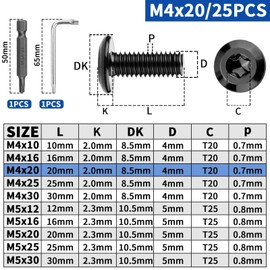 XRXYMQ Pack of 25 Flat Head Screws M4 x 20 mm Rounded Head Screws M4 Screws Black 304 Stainless Steel Machine Screws for Furniture Installation Wood Mounting with Torx Key Bit Screwdriver