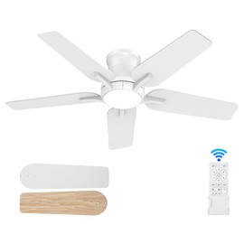POCHFAN 42 Inch White Ceiling Fans with Lights and Remote, Flush Mount Low Profile Ceiling Fan for Bedroom, Living Room, Patio, Dimmable 6 Speeds Noiseless Reversible, ETL Listed