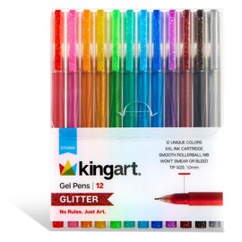 KINGART® Glittering Colored Gel Pens, Scrapbook, Journals, or Drawing, Colored Glitter Ink, Medium Line, Set of 12 Unique Colors