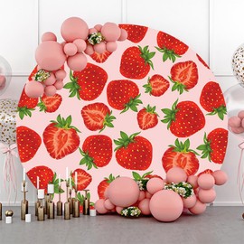 Renaiss 7.2x7.2ft Strawberry Round Backdrop Cover for Photoshoot Kids Girls Woman Portrait Red Sweet Berries Circle Photography Background Baby Shower Newborn Birthday Party Decor Photo Booth Props