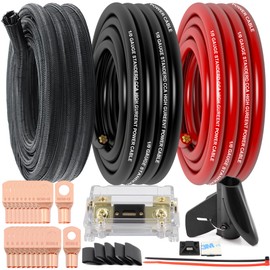 1/0 Gauge Wire CCA (20Ft Each Black/Red) Primary Automotive Wire with Lugs Kit,250A ANL Fuse,1/2 Inch Cable Split Sleeving,Battery Cable,Car Amplifier Power Ground Wires,Amp Install Wiring