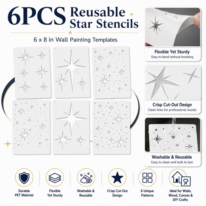 QIHAWN 6Pcs PET Star Stencils, 20x15cm Reusable Painting Templates