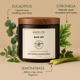 Majestic Pure Citronella Eucalyptus Lemongrass Scented Candle with Upto 45+ Hrs Burn Time, 2-Wick Candle, Soy Wax Blend for Cleaner Burn, 10 oz Jar Candle with Room Filling Fragrance, Buzz