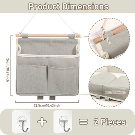 Forhandy Pack of 2 Hanging Organiser, Foldable Linen Hanging Organiser, High Capacity Wall Organiser with 3 Compartments, Hanging Storage Bag, Assembleable Hanging Bag, Wall with Sticky Hooks, Grey