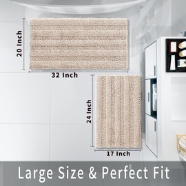 Yimobra Washable Bathroom Rugs Sets 2 Piece, Non Slip Quick Dry Absorbent Bath Mat Set, Plush Chenille Luxury Shower Rugs for Bathroom Floor Sink Tub and Shower Outside(Beige, 20" x 32"+17" x 24")