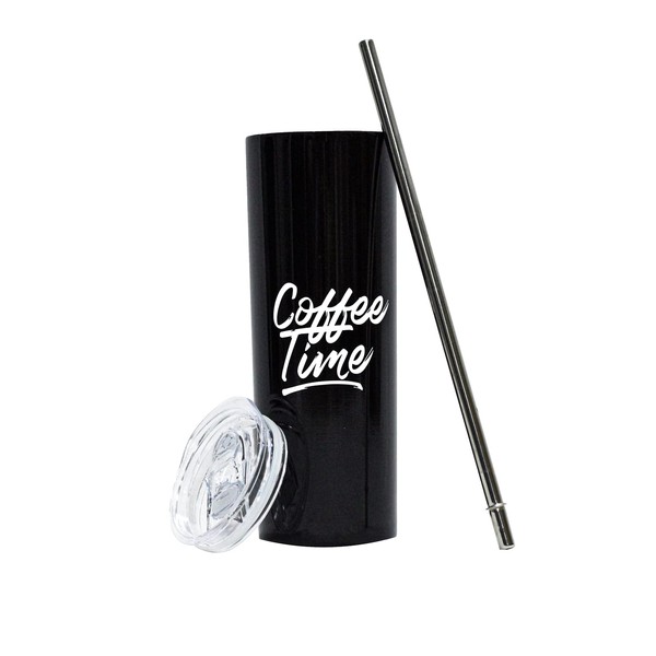 Coffeetime 20 Oz Skinny Straight Stainless Steel Tumbler Double Wall Insulated With Lids Straw And Straw Brush, Black