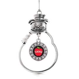Inspired Silver - Apples are for Teachers Charm Ornament - Silver Circle Charm Snowman Ornament with Cubic Zirconia Jewelry