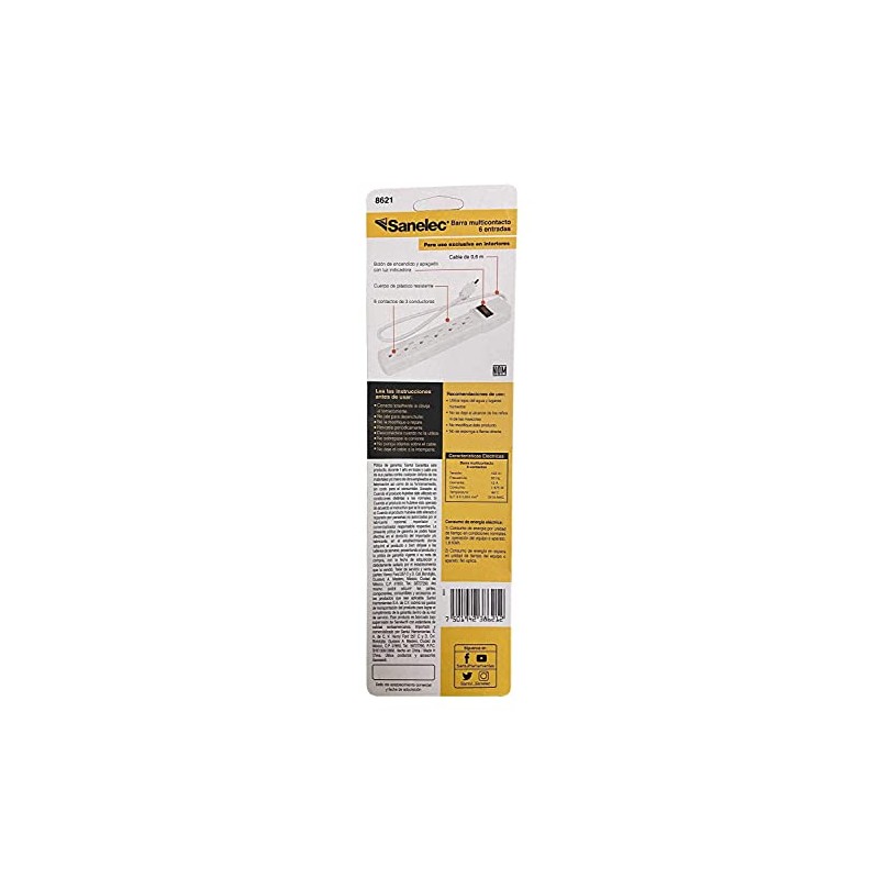Santul Barra multicontacto de 6 entradas, Cable de : 0.6m