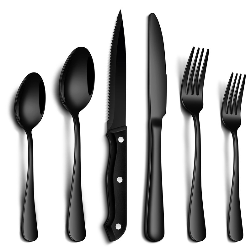 PHILIPALA 24-Piece Black Silverware Set with Steak Knives Food-Grade Stainless