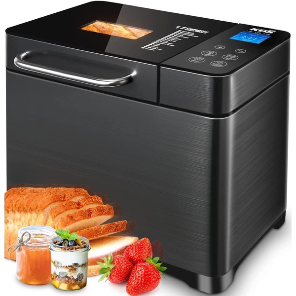 KBS Bread Maker,Bread Machine 17-in-1,Bread Maker Machine 710W Dual Heaters,2LB,Auto Nut Dispenser&Ceramic Pan,Stainless Steel,Gluten-Free,Sourdough,Jam,Touch Panel,3 Loaf Sizes 3 Crust Colors,Recipes