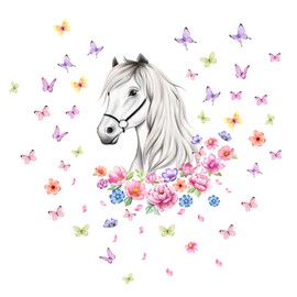INNAL Wall Tattoo Horse Head Flowers Wall Sticker Butterflies 30 x 40 cm Wall Sticker Horse for Boys Girls Wall Sticker Art Decoration Baby Wall Sticker Decoration