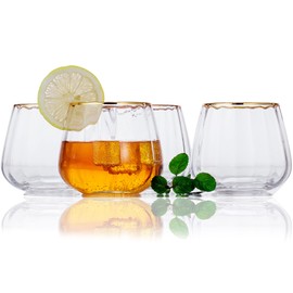 Lysenn Stemless Wine Glasses Set of 4 - Premium Hand Blown Drinking Glasses for White and Red Wine - Elegant Wide Vertical Stripe and Gold Rim Design - Clear 11.8oz