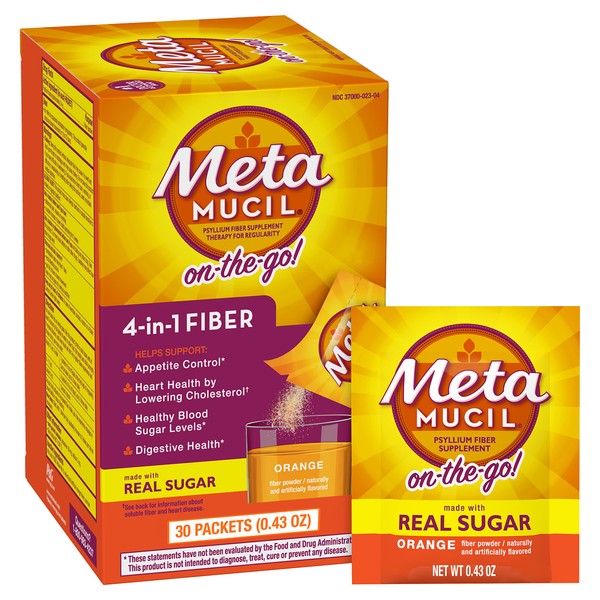 Metamucil On-the-Go, Daily Psyllium Husk Powder Supplement with Real Sugar, 4-in-1 Fiber for Digestive Health, Orange Smooth Flavored Drink, 30 packets