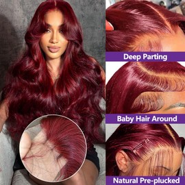 99J Burgundy Lace Front Wigs Human Hair 22 Inch 13x4 Body Wave Lace Front Wigs Human Hair Pre Plucked Glueless Red Wig Wine Red Lace Front Wigs Human Hair Wigs for Women Reddish Brown 180 Density 10A