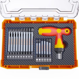 Crosstar Impact-Rated 30-Piece Interchangeable Ratcheting T-Handle Set – SAE, Metric, Hex, Torx, Phillips Magnetic Bits with Holder & Torsion Zone, 4”/3” Long S2 Steel Bits in Storage Case