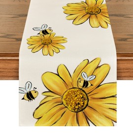 Artoid Mode Beige Bee Sunflower Table Runner, Seasonal Spring Summer Flowers Kitchen Dining Table Decoration for Home Party Decor 13 x 72 Inch