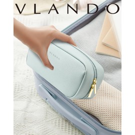 Vlando Travel Makeup Bag,Purse Leather Cosmetic Bags for Women, Waterproof Portable Zipper MakeUp Pouch Bag with Divider,Blue