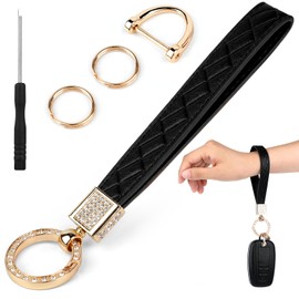 Microfiber Leather Wristlet Keychain,Bling Car Key Chain Holder,Rhinestone Wrist Lanyard with 2 Keyrings & Anti-Lost D-ring