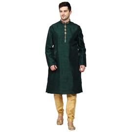 ITOS365 Men's Tunic Art Silk Kurta Pajama and Scarf Suit Set Indian Clothing Wedding Party Dress Gifts Items, Dark Green, Large-X-Large