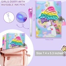 Pop Secret Diary for Girls with Invisible Pen, 7.5x5.4 Inch 160 Pages Unicorn Fidget Girls Diary with Lock & Invisible Ink Double-end Pen Kids Notebook Gifts for Girls Birthday Presents 5-12 Year Old