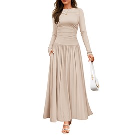 ZESICA Women's Long Sleeve Fall Maxi Dress 2025 Crewneck Knit Casual Slim Swing Pleated Dresses with Pockets,Sand,X-Large