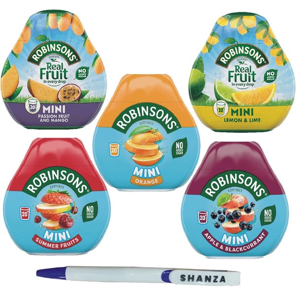 Robinsons Squash’d Mini – 5 Flavour Pack – 1xSummer Fruit, 1xMango & Passion Fruit, 1xOrange, 1xApple & Blackcurrant, And 1xLemon & Lime – No Added Sugar – Real Fruit in Every Drop With Shanza Pen