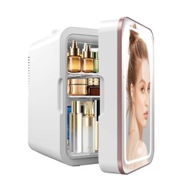 YLFU Skincare Fridge, 6L/10 Can Small Mini Fridge for Bedroom with 3-Level Dimmable LED Mirror for Makeup Cosmetics, Cooler & Warmer Personal Refrigerator for Drink Office Dorm and Food, Pink Gold