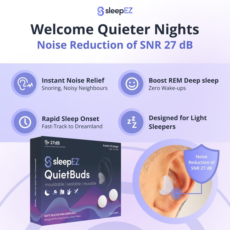 SleepEZ - Quietbuds - 12 Soft Silicon Wax Earplugs (6