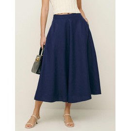 IDEALSANXUN Linen Skirts for Women 2024 Trendy Spring Summer A Line Pleated Maxi Midi Length Long Skirt with Pockets, Navy, M