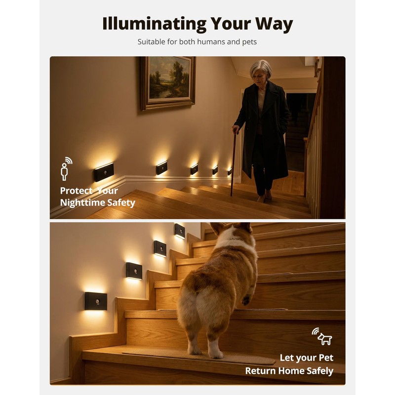 wowatt 6 Packs Rechargeable Motion Sensor Stair Light Black (Magnetic
