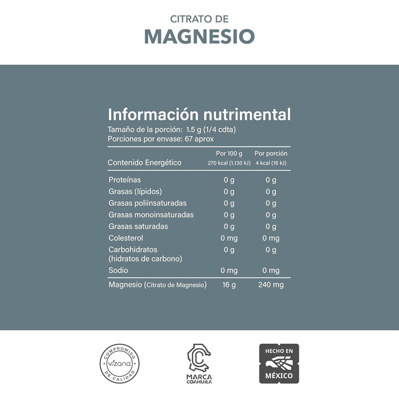 VIZANA NUTRITION Citrato de Magnesio en Polvo (Trimagnesio Citrato Anhidro)