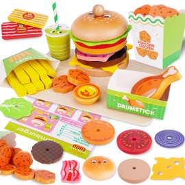 Montessori Toys Pretend Play Food Set for 3 4 5 Year Old, Wooden Fast Food Play Kitchen with Hamburger, Fries, Egg Tart, Popcorn Chicken, Drumsticks, Cola, Christmas Birthday Gifts Kids Boys Girls