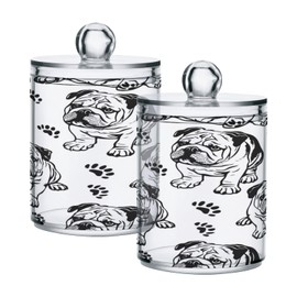 senya Clear Plastic Jars Cotton Swabs Cans, Bulldog Dog Paw Print Bathroom Canisters Storage Organizer with Lids 2PCs Set for Cotton Ball, Cotton Swab, flossers, Hair Bands