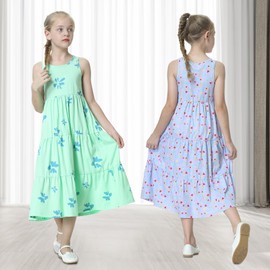 UNACOO Girls Cotton Dress Sleeveless Long Dresses Maxi Tiered Dress Girls Sundress Dress Casual Blue Girls Sleeveless Long Skirts xs(3-4Y)