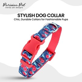 Parisian Pet Dog Collar - Adjustable “ Hibiscus “ Pattern Pink Girl Pet Collars for Dogs - Comfortable Cute Puppy Collar - Nylon, Breathable Small Dog Collar Female XS