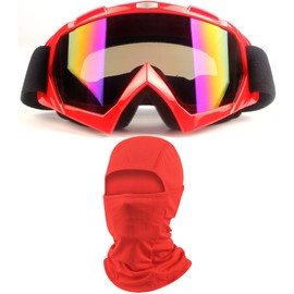 immoono ATV Dirt Bike Motorcycle Goggles with Balaclava Face Cover, Motocross Riding Offroad Glasses for Men Women with Face Mask, Red Frame Colorful Blue Lenses