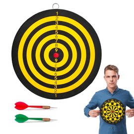 BullTek Small Dart Target Game 22.5 cm Target Shooting Board Double-Sided Sign Shooting for Adults and Children with 2 Steel Arrows DartBoard Yellow Black Round House Wall Hanging, Bers225