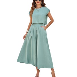 HangNiFang Summer Skirt Sets Women 2 Piece Outfits Cap Sleeve Top Elastic Waist Maxi Dress Sets with Pockets(1218-GreenX2-M)