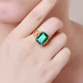 Narica Women's Classic Gold Plated Radiant Cut Created Emerald Quartz Rings Band with Simulated Diamond CZ Filled for Mom, 7#