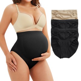 Eleady Calzones de Embarazo de Soporte Abdominal sin Costuras para Mujeres con Vientre en Crecimiento - Paquete de 3 Calzones Modeladores de Cintura Alta - X-Grande(2*Negro+1*Beis)