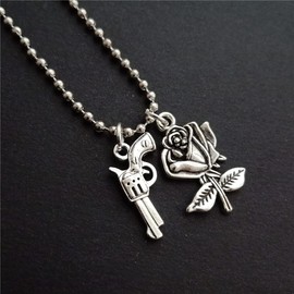 Cool Gun Necklace, Rose Flower Charm Pendant, Stainless Steel Ball Chain Long Necklace for Man Woman, Couple Jewelry
