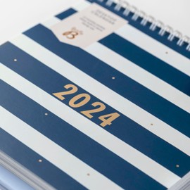 Busy B - Desk Calendar from January to December 2024 - Navy Blue Stripes Desk Planner with Pockets and Built-in Stand. Perfect for Office and Desk Organisation, Small