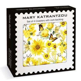 Museums & Galleries Set of 4 Cork Backed Coasters - Yellow Butterflies and Flowers Mary Katrantzou Design - Statement Coasters for the Home