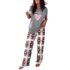 CHICME Womens Pajamas Sets 2 Piece Short Sleeve Lounge Set Printed Loose Pants Pj Sets Loungewear Set Heart Gray-M