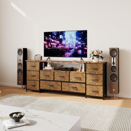 63 Inch Dresser for Bedroom, Dresser for Closet with 11 Drawers & Power Outlets, Large TV Stand for 55, 65, 70 Inch TV, Entertainment Center with Storage, Wide Long Chest of Drawers, Rustic Brown