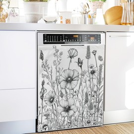Poppy Flowers Dishwasher Magnet Cover,Plant Herbs Black and White Reuseable Refrigerator Magnet Cover Decal Fridge Hoilday Party Decor, 23 x 26 Inch