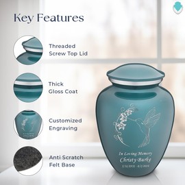 Geturns - Adult Personalized Humming Bird Cremation Urns for Human Ashes I Large Teal Funeral Urn for Men and Women I 200 lbs