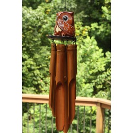 G6 COLLECTION Handmade Wooden Owl Bamboo Wind Chime Wood Statue Figurine Hoot Sculpture Art Decorative Rustic Patio Garden Outdoor Decor Handcrafted Decoration (Speak No Evil Owl Chime)